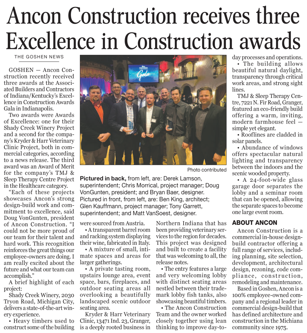 Goshen News Article Highlighting ABC Awards Ancon Construction
